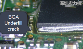 下面兩張照片就顯示既使添加了底部填充膠underfill，經(jīng)過摔落后還是發(fā)生BGA錫球破裂的問題，因?yàn)檫BUnderfill膠都裂開了。